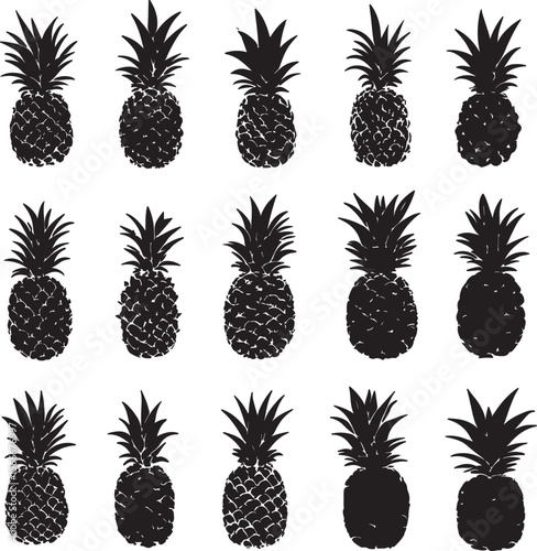 Collection of sleek black vector silhouettes of pineapples