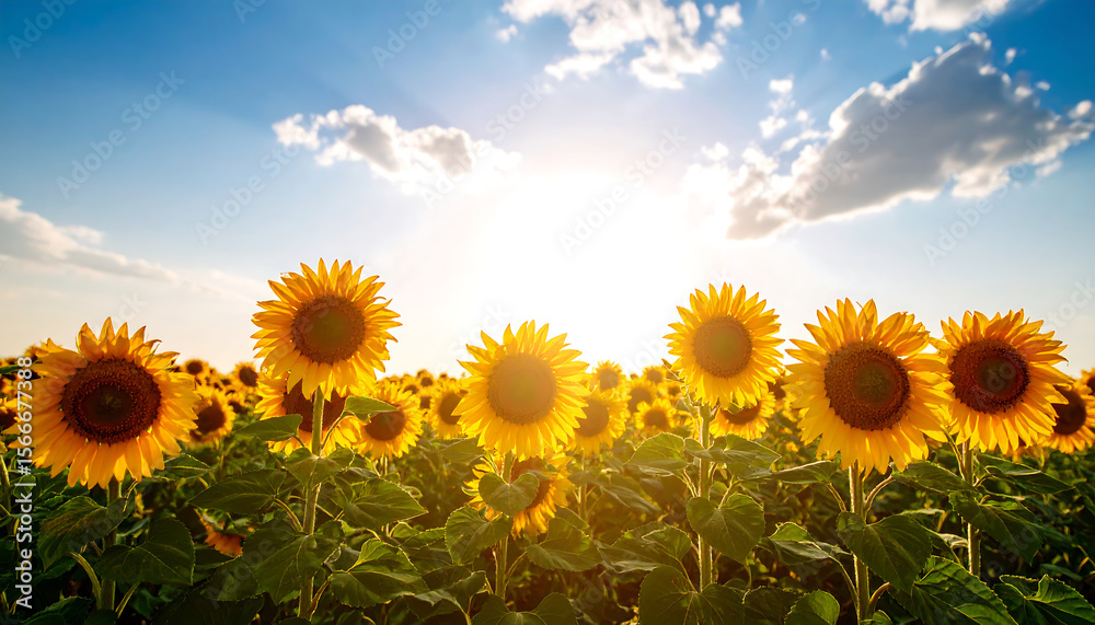 Fototapeta premium Bright sunflowers blooming in vibrant field under clear blue sky, radiating warmth and joy as they reach for sun
