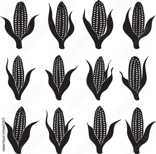 Black vector illustration of minimalist sweet corn silhouettes