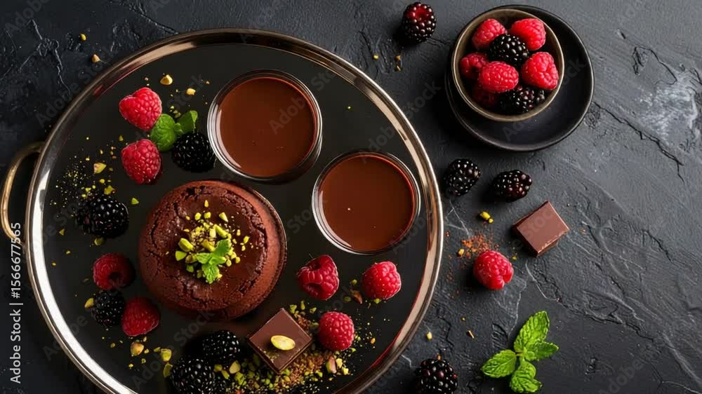 Decadent Chocolate Lava Cake: Gourmet Dessert with Raspberries & Pistachios