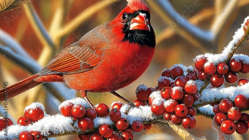 A vibrant cardinal perched on a snow covered branch laden with bright red berries in winter scene