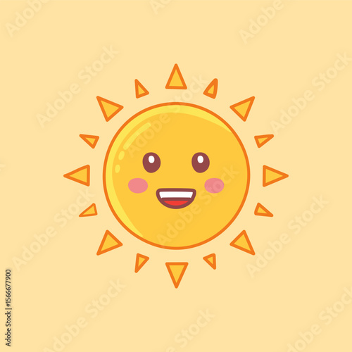 Happy Cartoon Sun Character with Smiling Face and Bright Yellow Rays