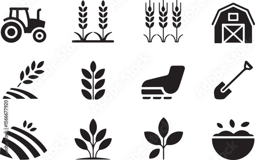 Farm Equipment & Crop Icons | Tractor, Shovel, Wheat Vector Set


