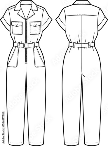 Utility jumpsuit flat sketch, women’s fashion technical drawing, belted jumpsuit front and back, short sleeve boiler suit, zipper jumpsuit, fashion template