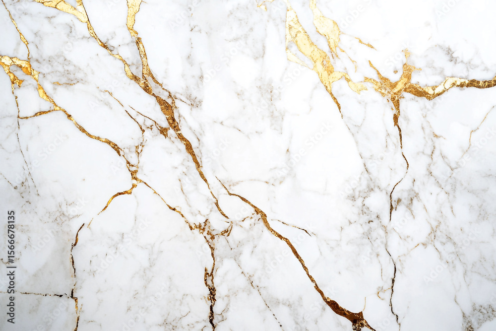 Fototapeta premium A luxurious white marble surface intricately veined with striking gold and subtle brown patterns, creating an elegant and opulent abstract background.