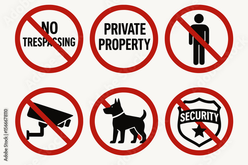 6 private property prohibition signs. Red circle with black icons on white.