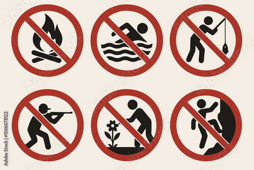 Classic "no" signs for nature areas. Clean, minimal vector style.