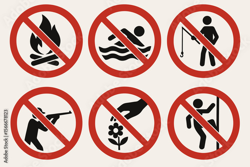 6 outdoor prohibition icons. Red circle with black pictograms on white.