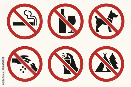 Cartoon-style "no" symbols for public rules. Classic red/black/white design.