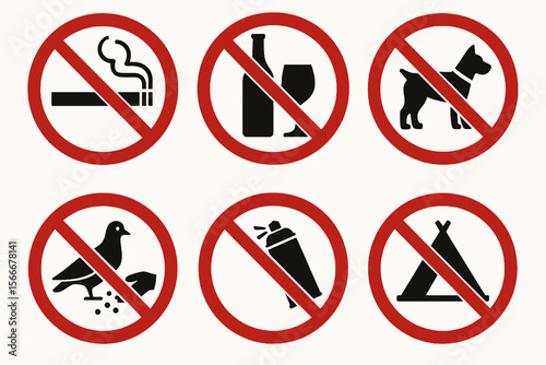6 public space prohibition signs. Red circles with black icons on white.