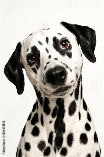 Dalmatian puppy tilting head sideways, displaying playful curiosity against clean white backdrop