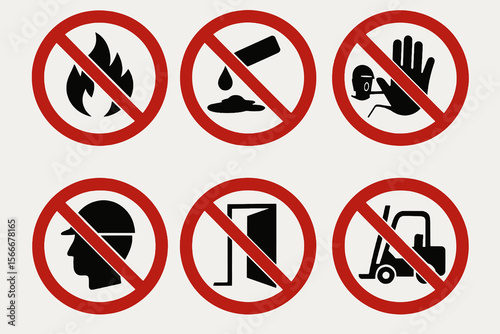 Red "no" circle with black icons on white for safety. Clean vector set.