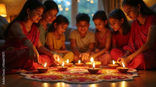 Wallpaper Mural A captivating photo realistic, cinematic scene depicts an Indian family lighting clay Diya lamps, highlighting their traditional attire and an elaborate Rangoli, conveying a magical family moment. Torontodigital.ca