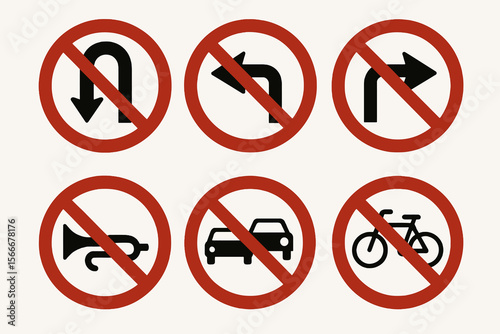 Clean vector "no" symbols for traffic rules. Red circle with black pictograms.