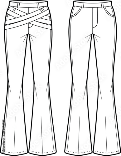 Flared pants fashion sketch, women’s technical drawing, front and back view, crossover waistband pants, flare trousers template, fashion illustration, detailed outline