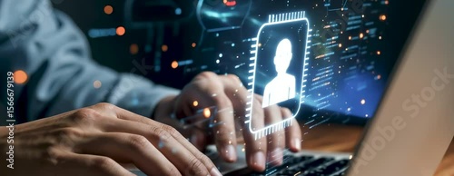 Hands typing on laptop with glowing AI assistant and chatbot interface, symbolizing artificial intelligence, coding, digital automation, and virtual support system technology. Copy space area