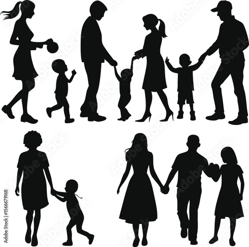 This collection of black and white images depicts various illustrations of families, some showing parents and children, and others highlighting intergenerational bonds