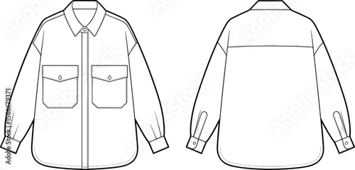 Utility shirt flat sketch, oversized shirt design, front and back view, long sleeve shirt, technical drawing, button-up shirt, fashion sketch