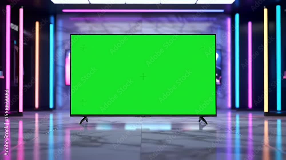 Green Screen Television in Neon Lit Room