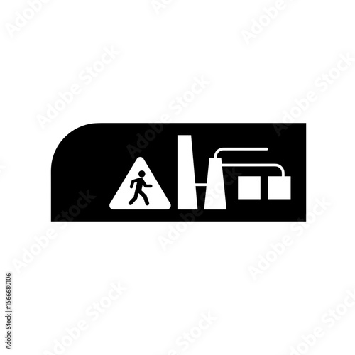 Pedestrian warning sign with construction and industrial symbols  
