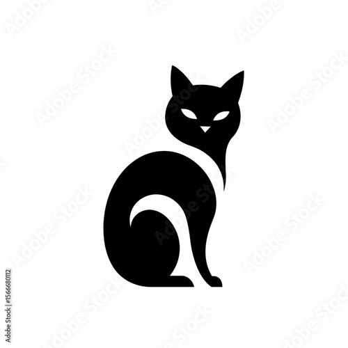 Black silhouette of a cat sitting gracefully with curved tail  