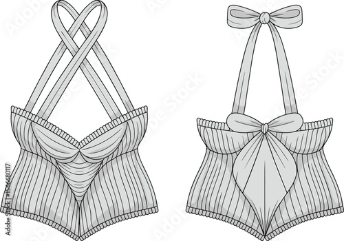 Lingerie bralette top, fashion flat sketch, bow halter top, ruched lingerie, strappy top design, intimate apparel, technical drawing, corset-style bustier