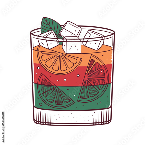 Colorful cocktail with ice and citrus slices in glass  