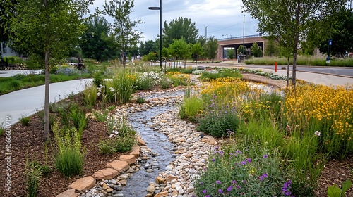 Fototapeta Naklejka Na Ścianę i Meble -  Sustainable Rain Garden Design Featuring Stormwater Overflow System in a Lush Green Urban Environment Background for City Planning