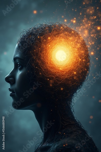 Wallpaper Mural A captivating photo realistic illustration depicts a human head in profile, highlighting a stark contrast from chaotic threads to a radiant, organized pattern, symbolizing mental clarity and peace. Torontodigital.ca