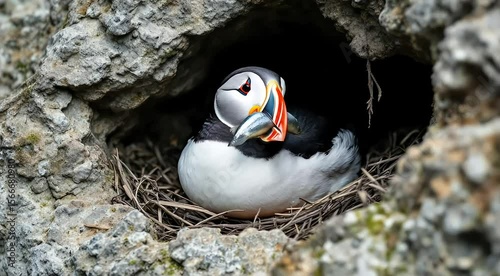 Atlantic puffins, colorful seabirds with distinctive orange beaks, are often found in the wild nature of Iceland 4k nature video footage
