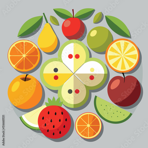 Flat Lay Design of Sliced and Whole Fruits