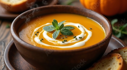 Wallpaper Mural A hyper realistic, macro photo captures rustic creamy pumpkin soup, with ethereal steam curling, on a dark wooden table beside crusty bread, conveying cozy autumn essence. Torontodigital.ca