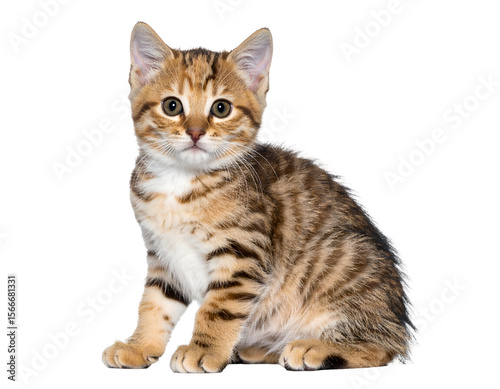 An adorable domestic kitten with striking tabby fur sits patiently, observing its surroundings.