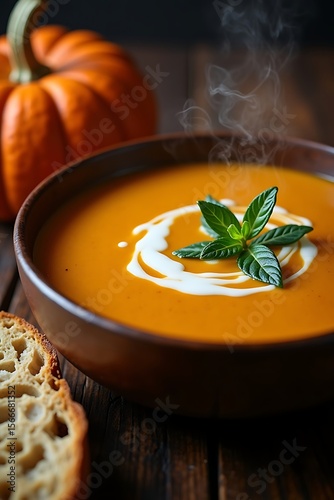 Wallpaper Mural An ultra realistic, macro food photography captures rustic creamy pumpkin soup with a pristine cream swirl and vibrant fresh herbs. Torontodigital.ca