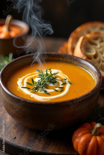 Wallpaper Mural A hyper realistic, macro photo depicts rustic creamy pumpkin soup, with subtle steam gracefully ascending, on a dark wooden table beside crusty bread. Torontodigital.ca