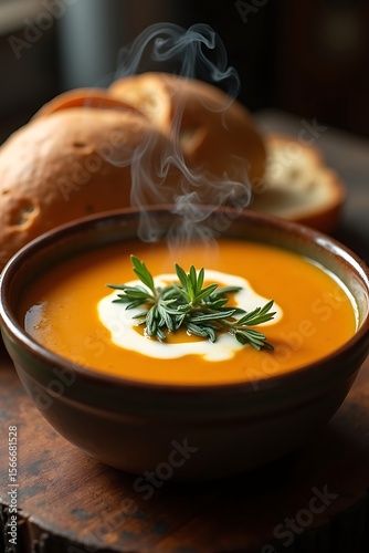 Wallpaper Mural An inspiring macro food photography displays rich pumpkin soup, with a pristine cream swirl and fresh herbs, reflecting a comforting and inviting autumn ambiance. Torontodigital.ca