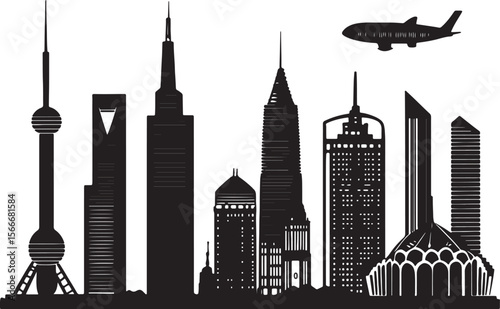 Collection of minimalist skyline silhouettes in black vector style.