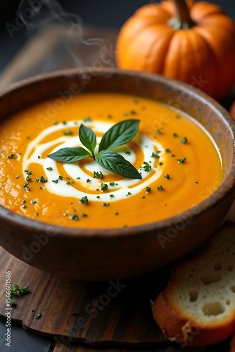 Wallpaper Mural A captivating ultra realistic food photo highlights creamy pumpkin soup with exquisite detail, fresh herbs, and ethereal steam, creating an inviting autumn ambiance. Torontodigital.ca