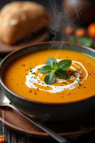 Wallpaper Mural A hyper realistic, macro photo captures rustic pumpkin soup with a cream swirl and verdant herbs, steam rising, on a dark wooden table beside crusty bread. Torontodigital.ca