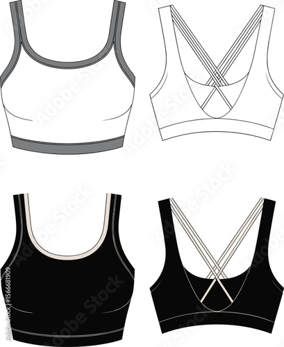Strappy sports bra sketch, technical flat, workout top design, racerback bra, fitness apparel, activewear flat, back detail, sporty style, fashion template, bralette