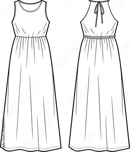 Sleeveless halter dress, gathered waist maxi dress, back tie dress, front and back view, fashion flat sketch, technical drawing, summer dress template