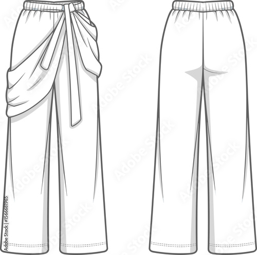 Flat front and back view CAD fashion sketch of women's pants with draped wrap design, vector illustration, garment technical drawing