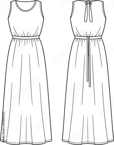 Sleeveless maxi dress, gathered waist dress, fashion flat sketch, front and back view, drawstring back dress, summer dress template, fashion technical drawing