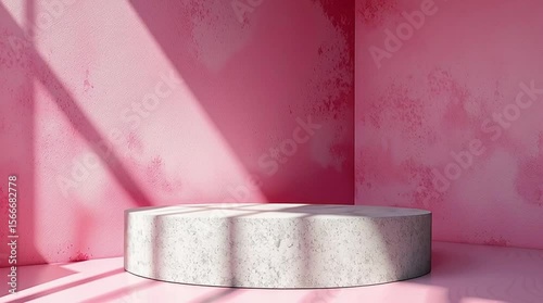 Pink Product Podium in Shadow: A minimalist, modern aesthetic comes to life with a vibrant, monochromatic scene featuring a light-cast pedestal set against a textured pink backdrop.