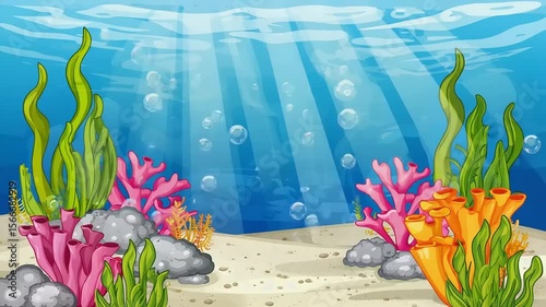 Cartoon underwater scene with coral, seaweed, rocks, bubbles, and sun rays