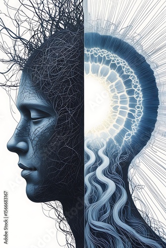 Wallpaper Mural A captivating photo realistic illustration depicts a human head in profile, highlighting a stark contrast from chaotic threads to a radiant, organized pattern, Torontodigital.ca