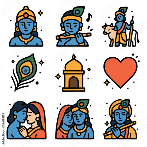Krishna vector icons for Janmashtami celebration suitable for greeting cards, decor, posters, banners, social media posts, and websites.