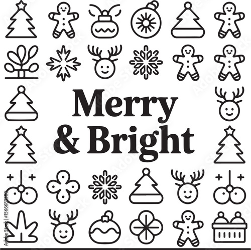 Merry & Bright Festive Christmas Line Art Design