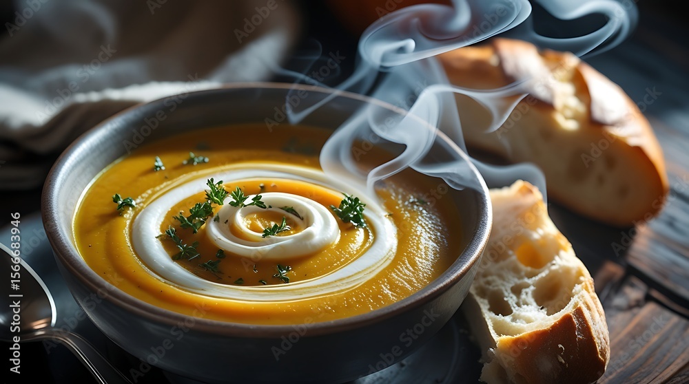 custom made wallpaper toronto digitalAn ultra realistic, macro food photography depicts a rustic bowl of creamy pumpkin soup, highlighting exquisite cream swirl and fresh herbs.
