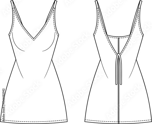 Slip dress fashion flat, technical lingerie sketch, short nightdress, V-neck cami dress, back tie detail, minimal sleepwear design, women’s nightwear illustration
